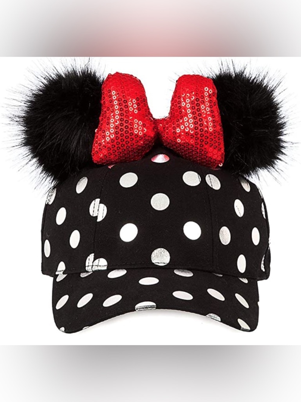 Disney Black Polka Dot Baseball Cap with Sequin Red Bow and Faux Fur Ears